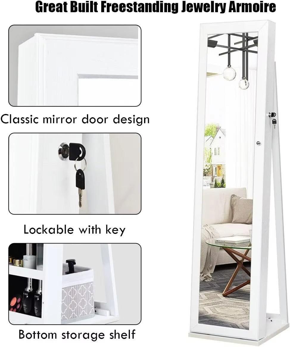 2-in-1 Standing Jewelry Armoire w/Higher Full Length Mirror, Lockable Jewelry Cabinet Organizer w/Large Storage Capacity, Insid