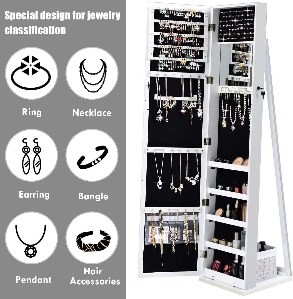 2-in-1 Standing Jewelry Armoire w/Higher Full Length Mirror, Lockable Jewelry Cabinet Organizer w/Large Storage Capacity, Insid