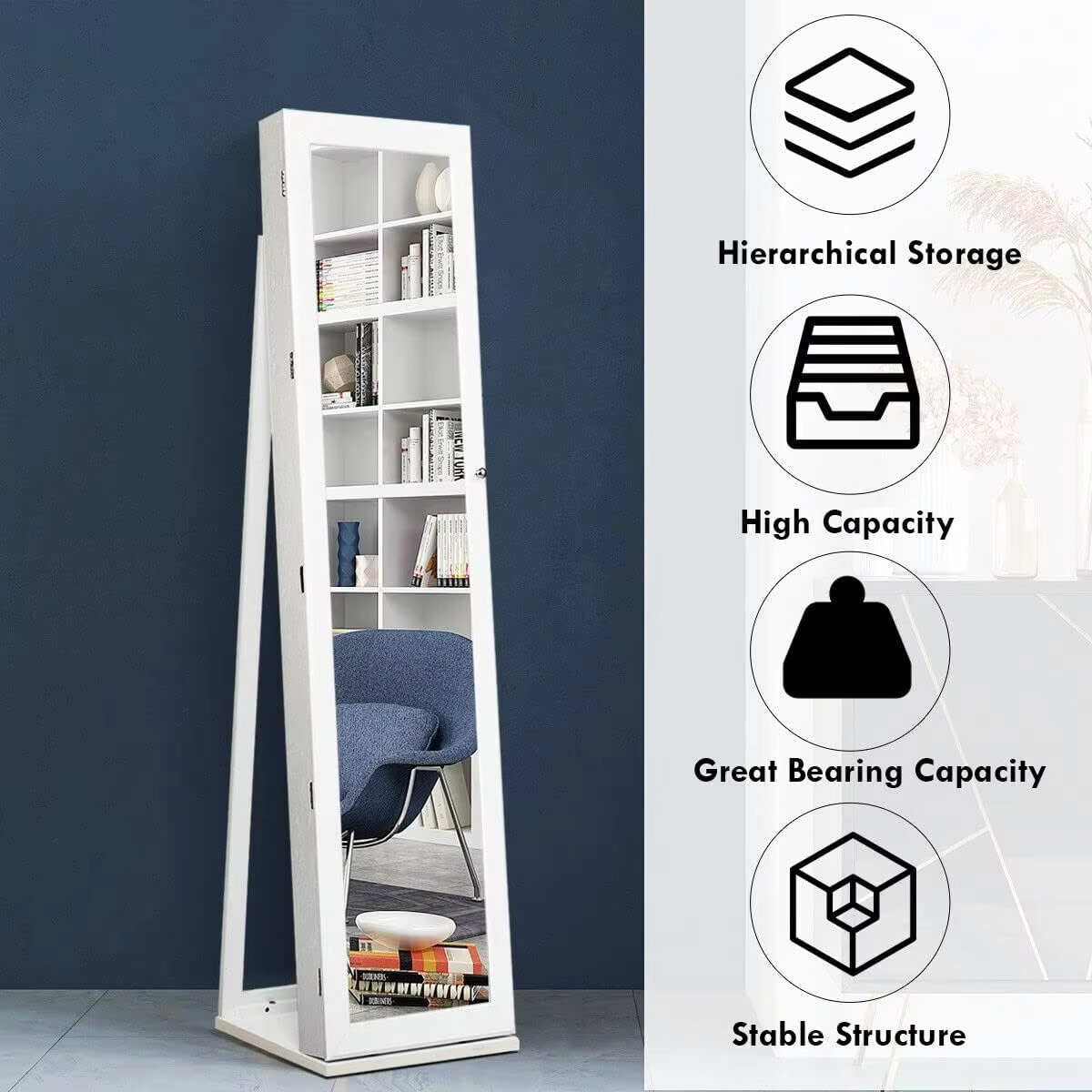 2-in-1 Standing Jewelry Armoire w/Higher Full Length Mirror, Lockable Jewelry Cabinet Organizer w/Large Storage Capacity, Insid