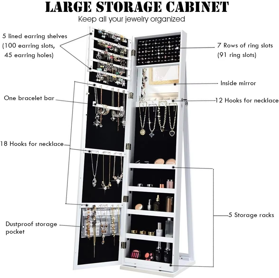 2-in-1 Standing Jewelry Armoire w/Higher Full Length Mirror, Lockable Jewelry Cabinet Organizer w/Large Storage Capacity, Insid