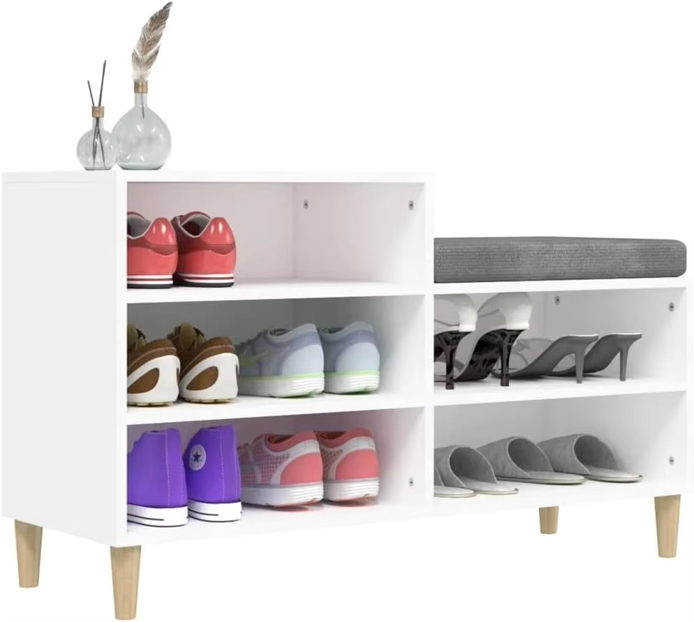 White Shoe Shoe Rack with 5 Compartments and Solid Eucalyptus Wood Legs – Measurements 102x36x60 cm