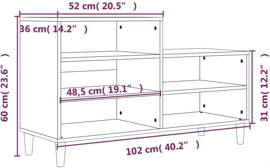 White Shoe Shoe Rack with 5 Compartments and Solid Eucalyptus Wood Legs – Measurements 102x36x60 cm