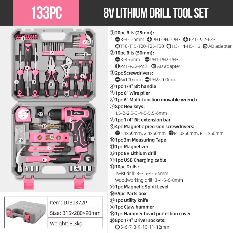 Hi-Spec 133PC Power Tool Combo Kits with 8V Cordless Drill,Home Household DIY Hand Tool Kits，10MM 3/8'' Keyless Chuck