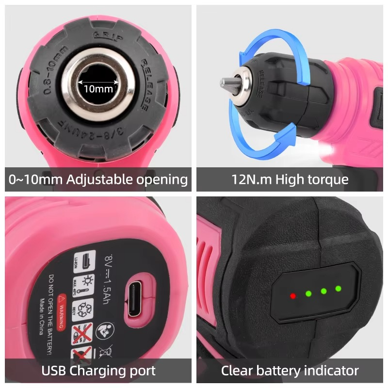 Hi-Spec 133PC Power Tool Combo Kits with 8V Cordless Drill,Home Household DIY Hand Tool Kits，10MM 3/8'' Keyless Chuck