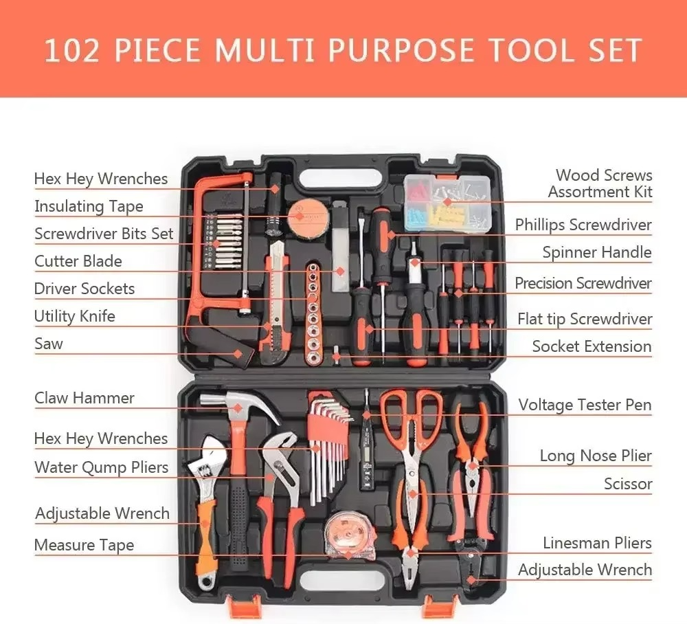 102PCS Household Tool Set Hardware Tool Box Electrician's Hardware Set Car Repairing Tools Woodworking Tools Combination Set