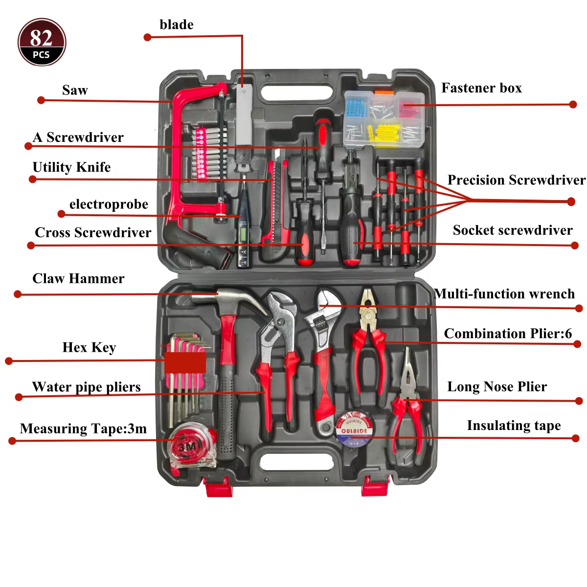 82Pcs Tool Set Premium Box Pe Engineering Plastic Home DIY Architecture and Construction