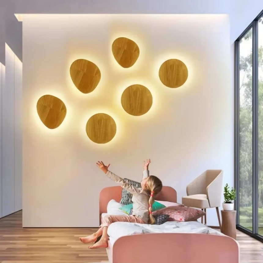 Modern LED Wall Lamp Circular Creative Wooden Wall Lamp Background Wall Bedroom Living Room Corridor Staircase Decorative Light
