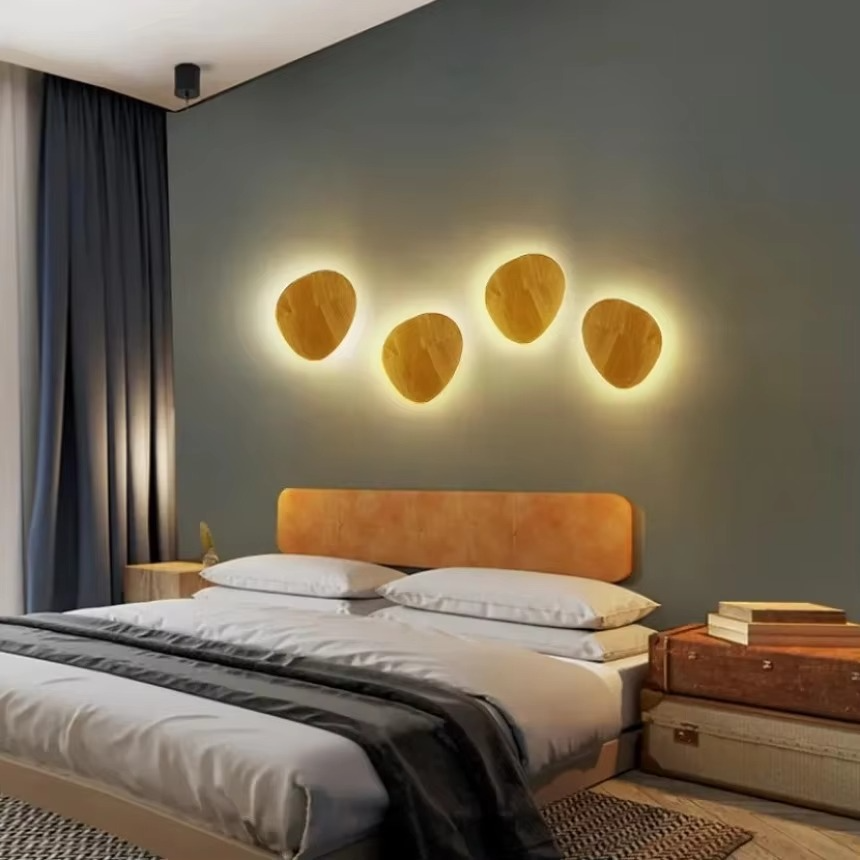 Modern LED Wall Lamp Circular Creative Wooden Wall Lamp Background Wall Bedroom Living Room Corridor Staircase Decorative Light