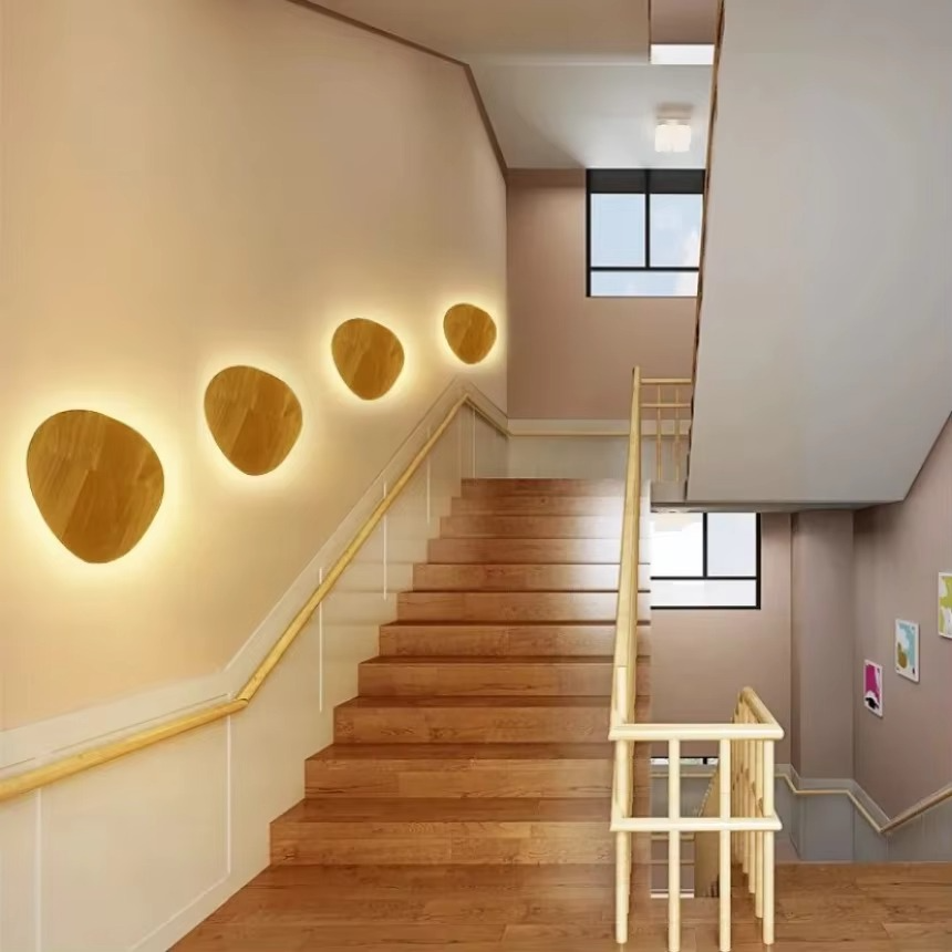Modern LED Wall Lamp Circular Creative Wooden Wall Lamp Background Wall Bedroom Living Room Corridor Staircase Decorative Light