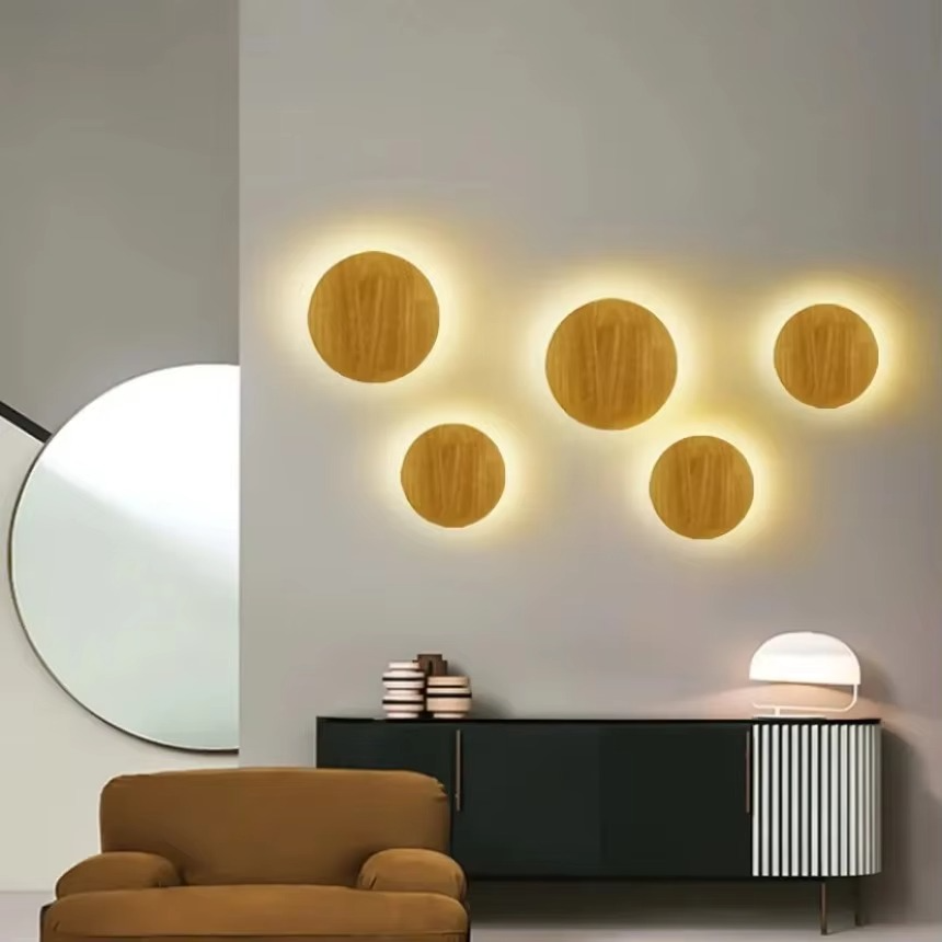 Modern LED Wall Lamp Circular Creative Wooden Wall Lamp Background Wall Bedroom Living Room Corridor Staircase Decorative Light