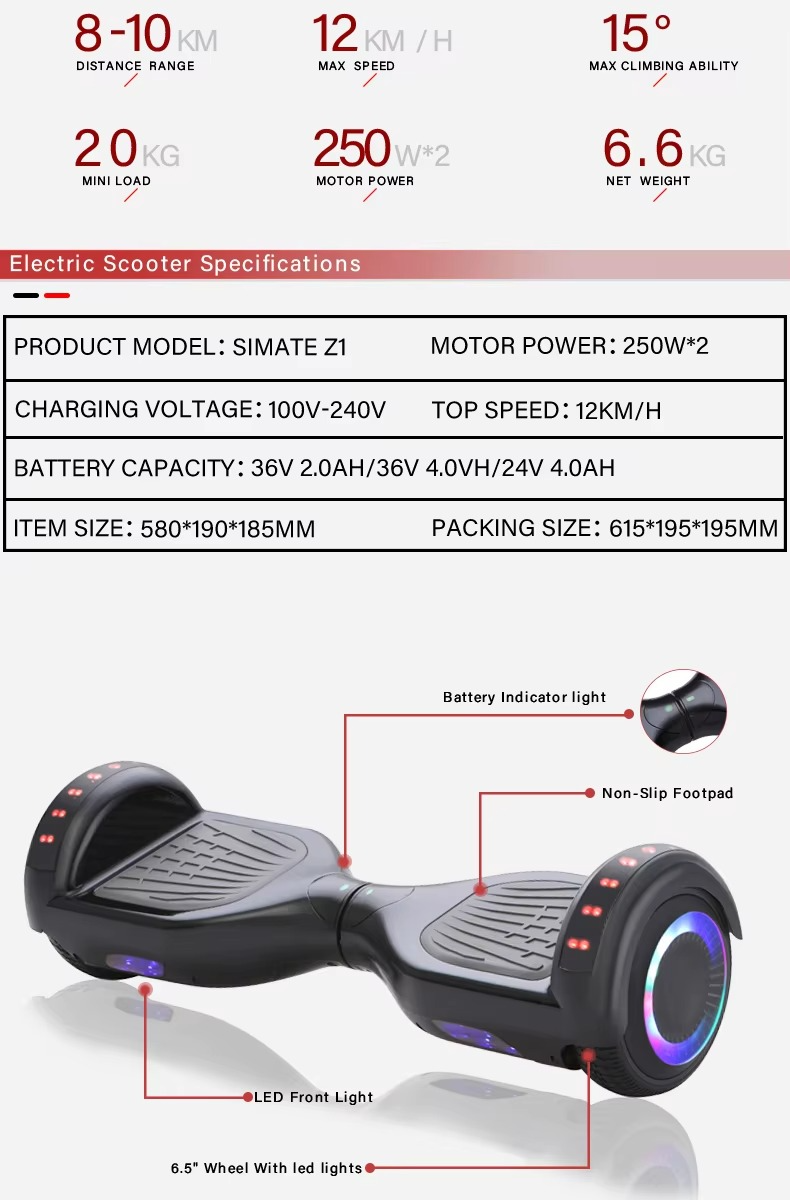 Cheapest 6.5 Inch Hoverboard UL-2272 Tested Self Balancing Scooter 36v 250w Motor Power Wheel Europe Country