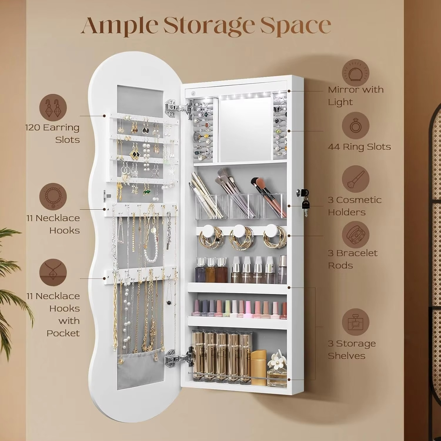 Mirror Cabinet Jewelry Box Cosmetic Beauty Makeup Storage Armoire Lockable Case Organiser Vanity Hanging Shaving 44x10x106cm