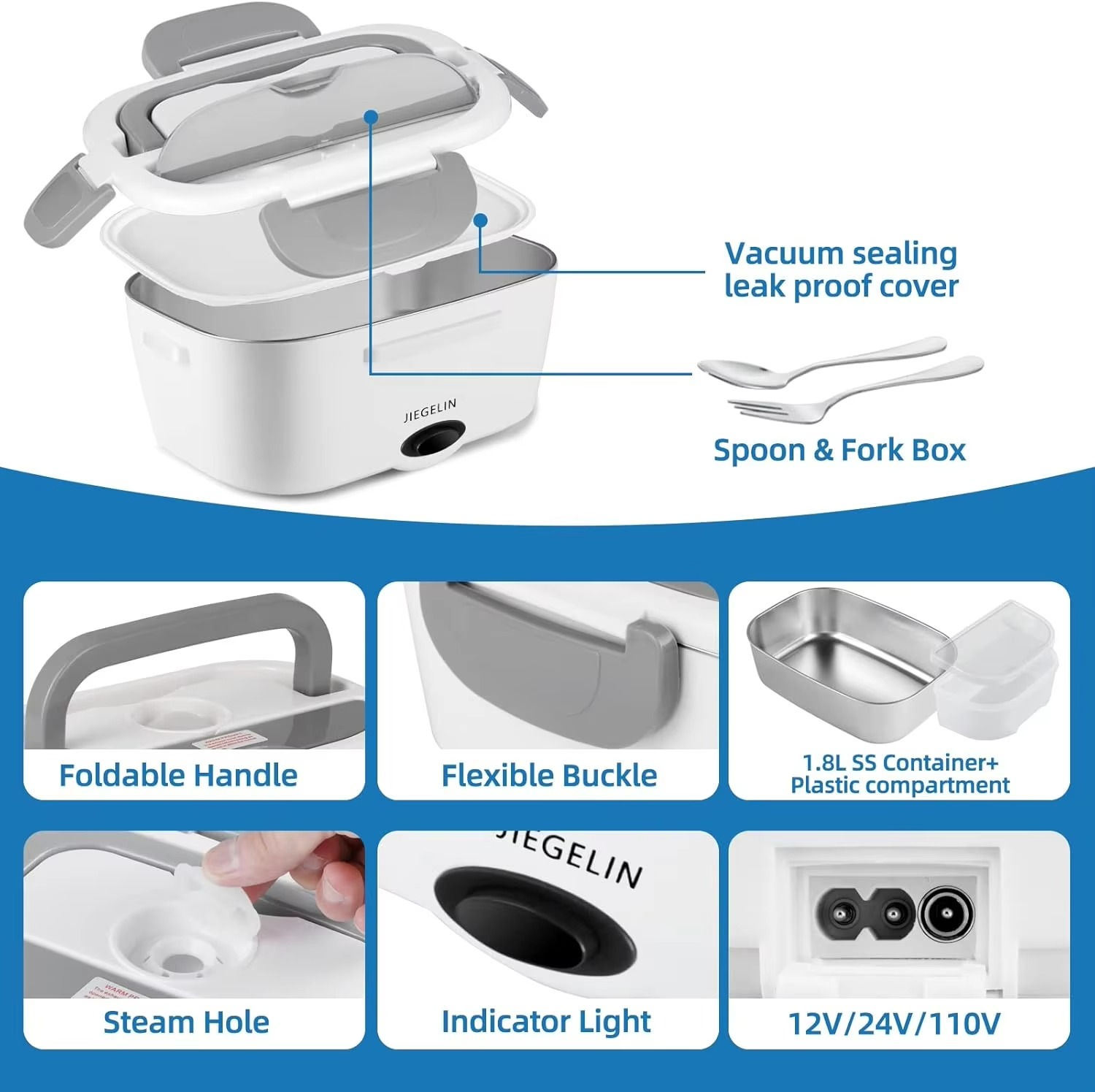 Electric Lunch box food heater 2-in-1,12V/24V/110V/220V portable heating lunch box for cars and homes,stainless steel container