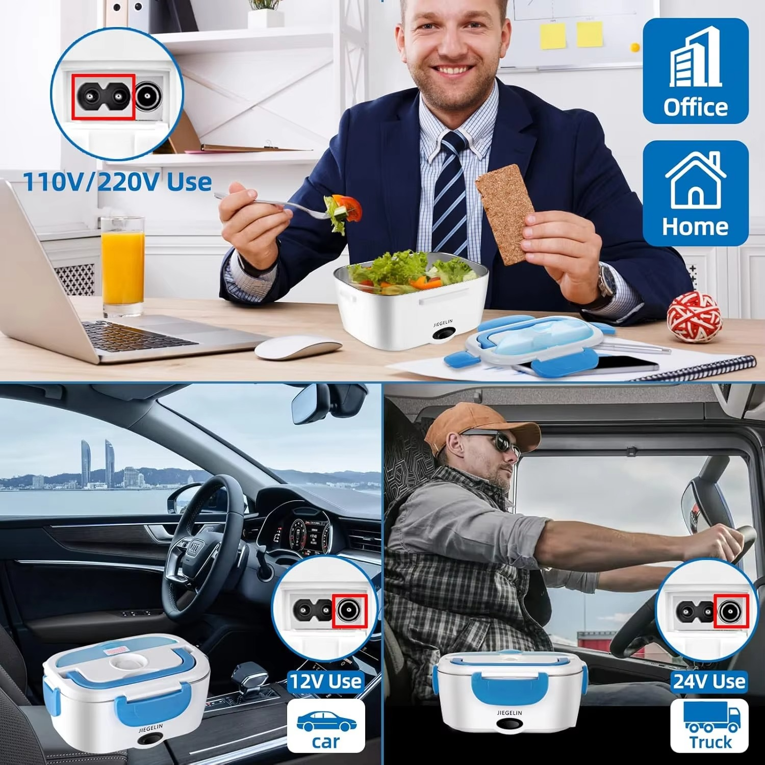 Electric Lunch box food heater 2-in-1,12V/24V/110V/220V portable heating lunch box for cars and homes,stainless steel container