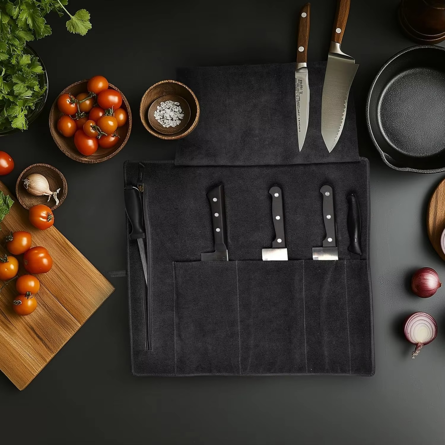 Genuine Leather Knife Roll Bag – Professional Chef Carrying Case, Durable Sheath Holder, Cooks & Culinary Tools Organizer, Porta