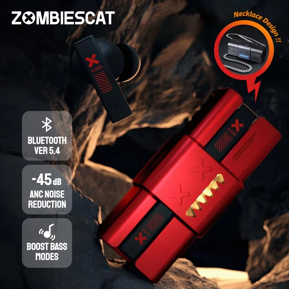 Zombie Cat B10 ANC Bluetooth Earphones -45dB Active Noise Cancellation Bluetooth Headphone Sport Earbuds with Metal Necklace