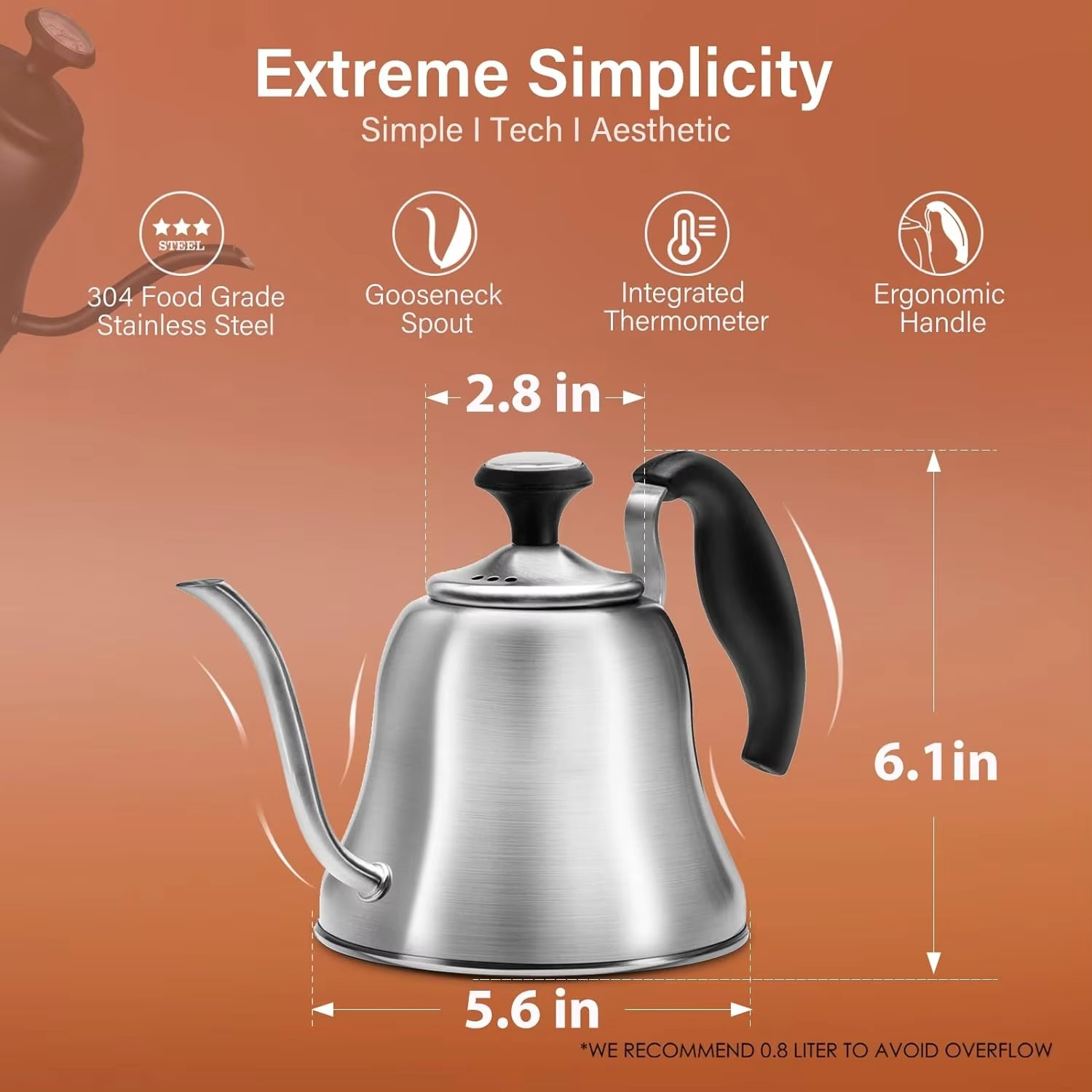 Tea Kettle with Thermometer for Stove Top Gooseneck Kettle, Pour Over Coffee Tea Pot, Goose Neck Tea Pot Stovetop, Hot Water Hea