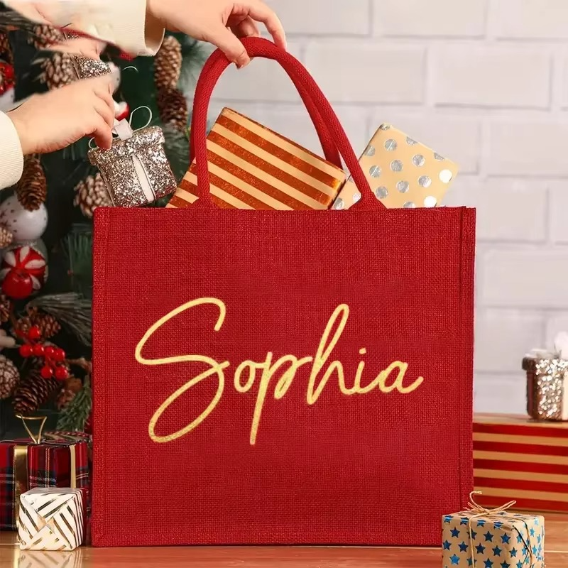Personalized Name Red Burlap Tote Bag Custom Merry Xmas Eve Gift Bag Christmas Holiday Party Decoration Accessory New Year Gift