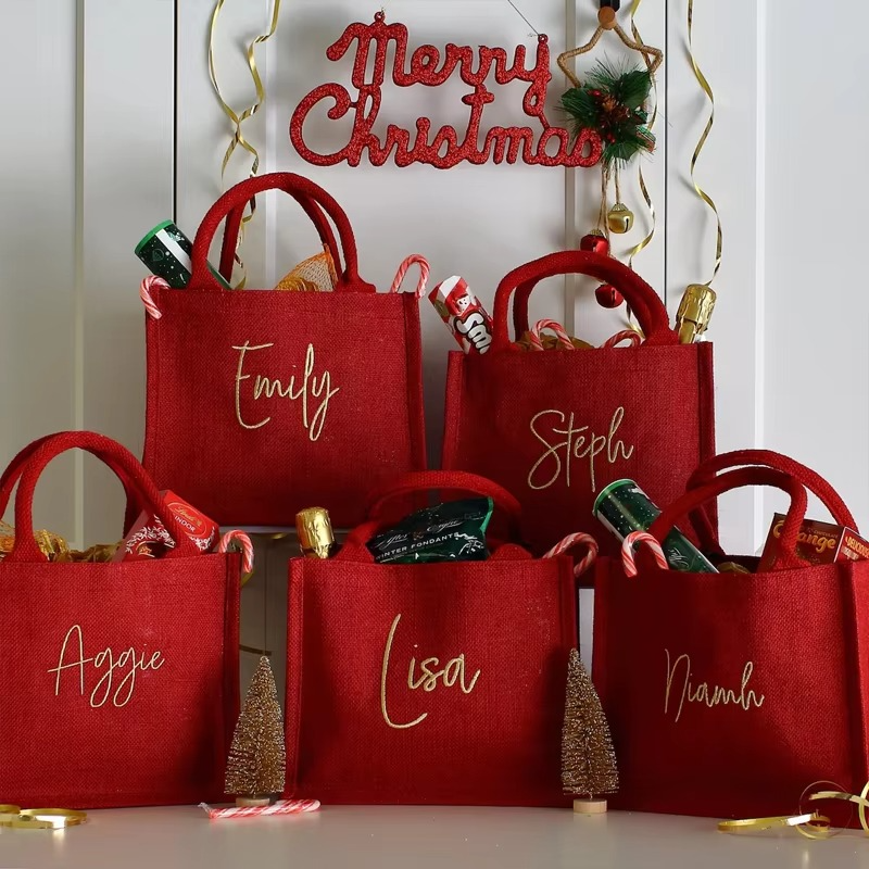 Personalized Name Red Burlap Tote Bag Custom Merry Xmas Eve Gift Bag Christmas Holiday Party Decoration Accessory New Year Gift