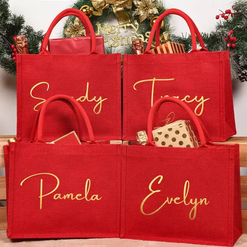 Personalized Name Red Burlap Tote Bag Custom Merry Xmas Eve Gift Bag Christmas Holiday Party Decoration Accessory New Year Gift