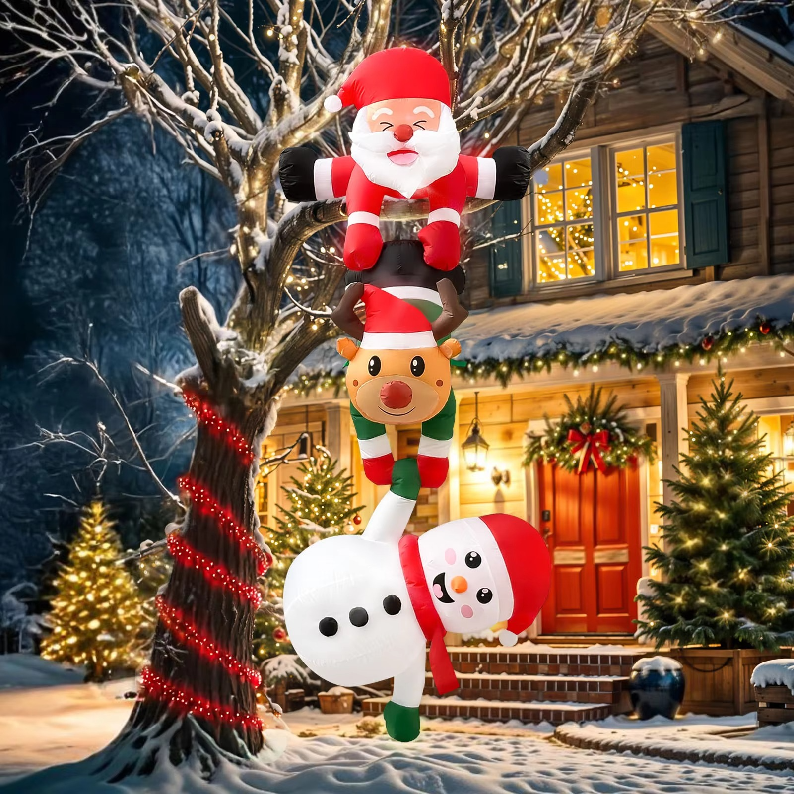 8FT Christmas Inflatables Decor, Climbing Santa Claus with Reindeer & Snowman, Xmas Decor for Beam Roof Tree Indoor Home Party