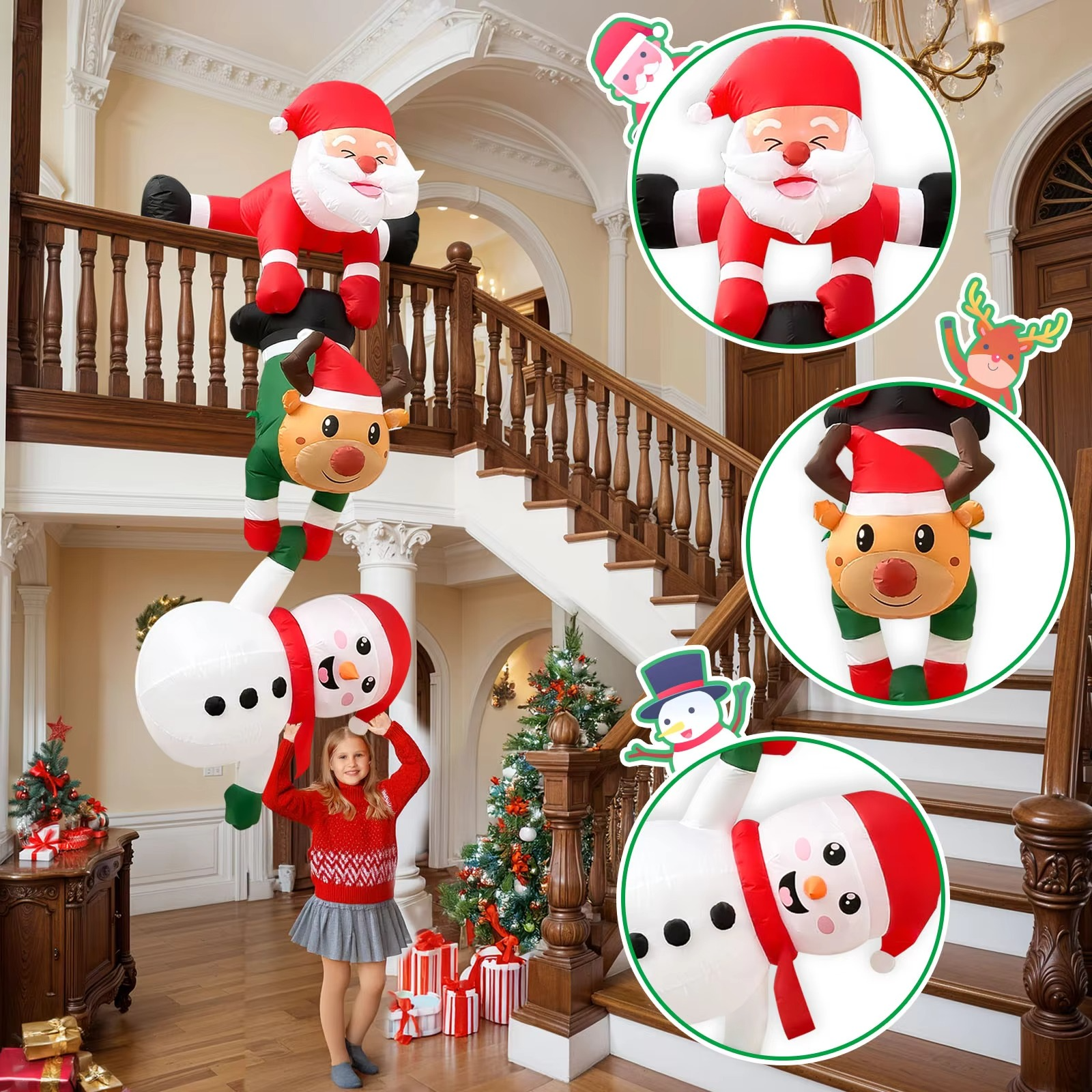 8FT Christmas Inflatables Decor, Climbing Santa Claus with Reindeer & Snowman, Xmas Decor for Beam Roof Tree Indoor Home Party