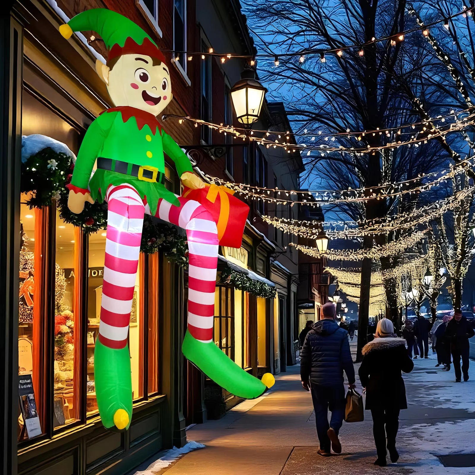 8FT Christmas Inflatables Outdoor Decorations, Christmas Inflatable Sitting Elf Christmas Yard Decorations Bliud-in LED Lights