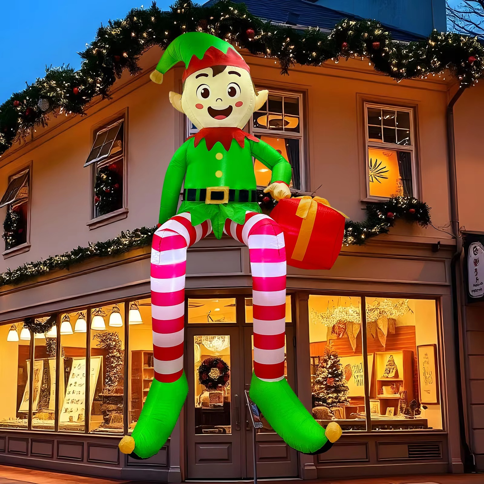 8FT Christmas Inflatables Outdoor Decorations, Christmas Inflatable Sitting Elf Christmas Yard Decorations Bliud-in LED Lights