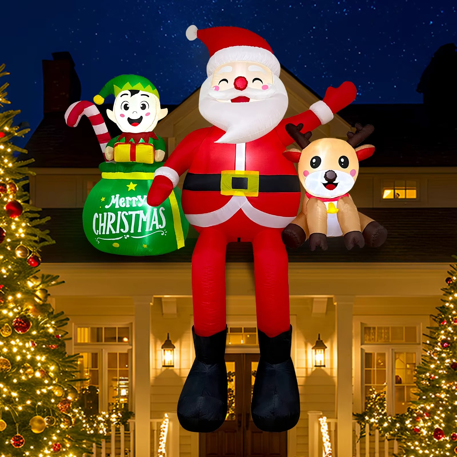 OurWarm 8FT Christmas Inflatable Outdoor Decorations,Sitting Santa Claus with Elves & Reindeer,for Holiday Party Garden Yard