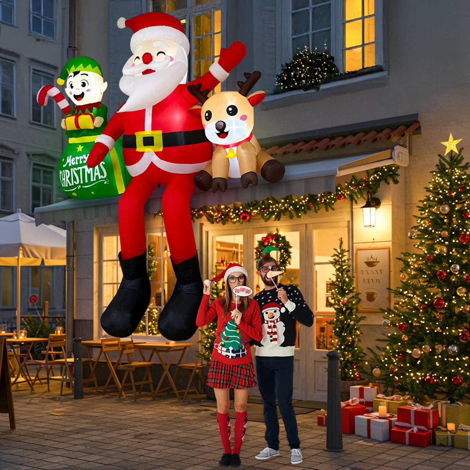 OurWarm 8FT Christmas Inflatable Outdoor Decorations,Sitting Santa Claus with Elves & Reindeer,for Holiday Party Garden Yard