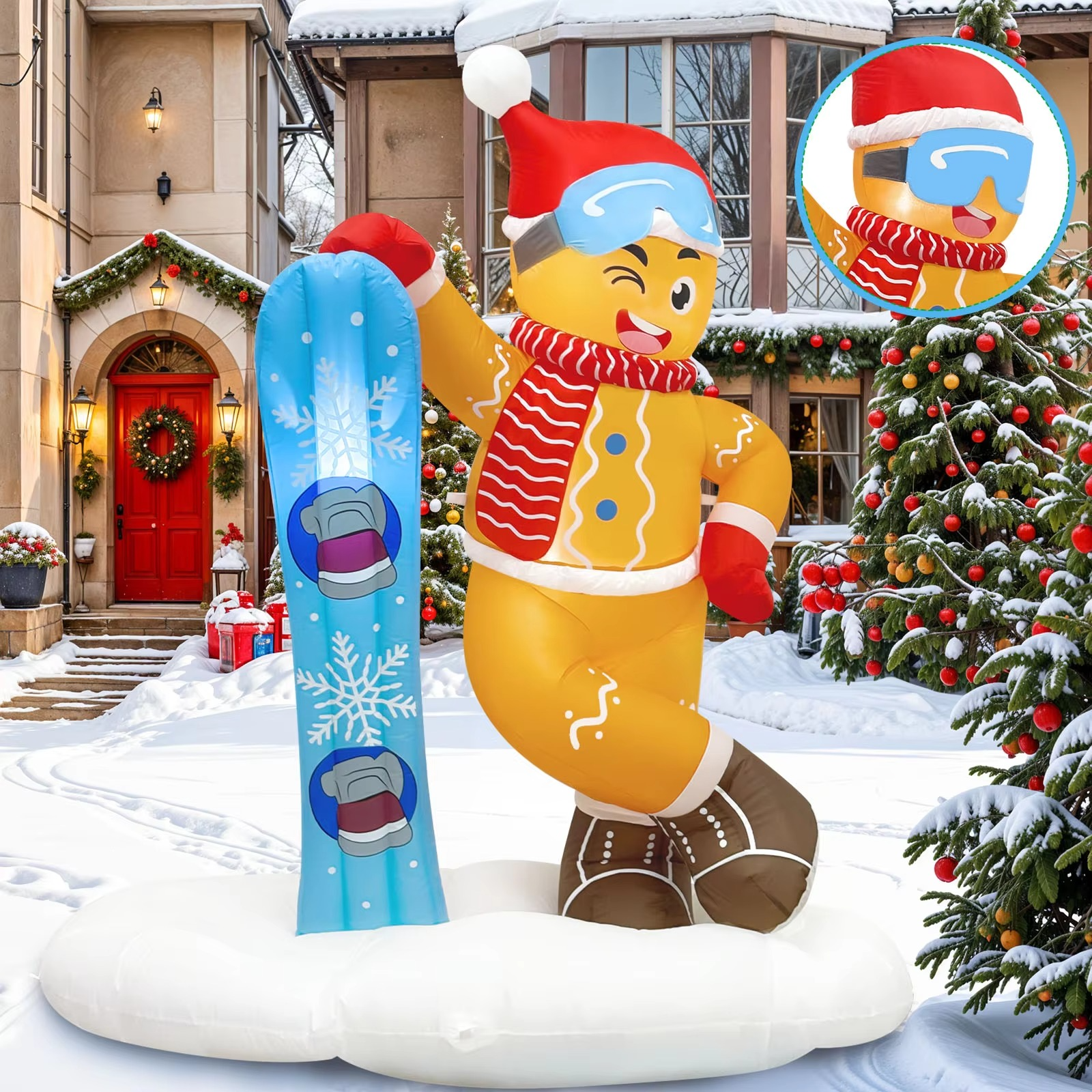 OurWarm 6FT Christmas Inflatable Outdoor Decoration, Cute Skiing Gingerbread Man, for Xmas Outdoor Indoor Lawn Party Decor