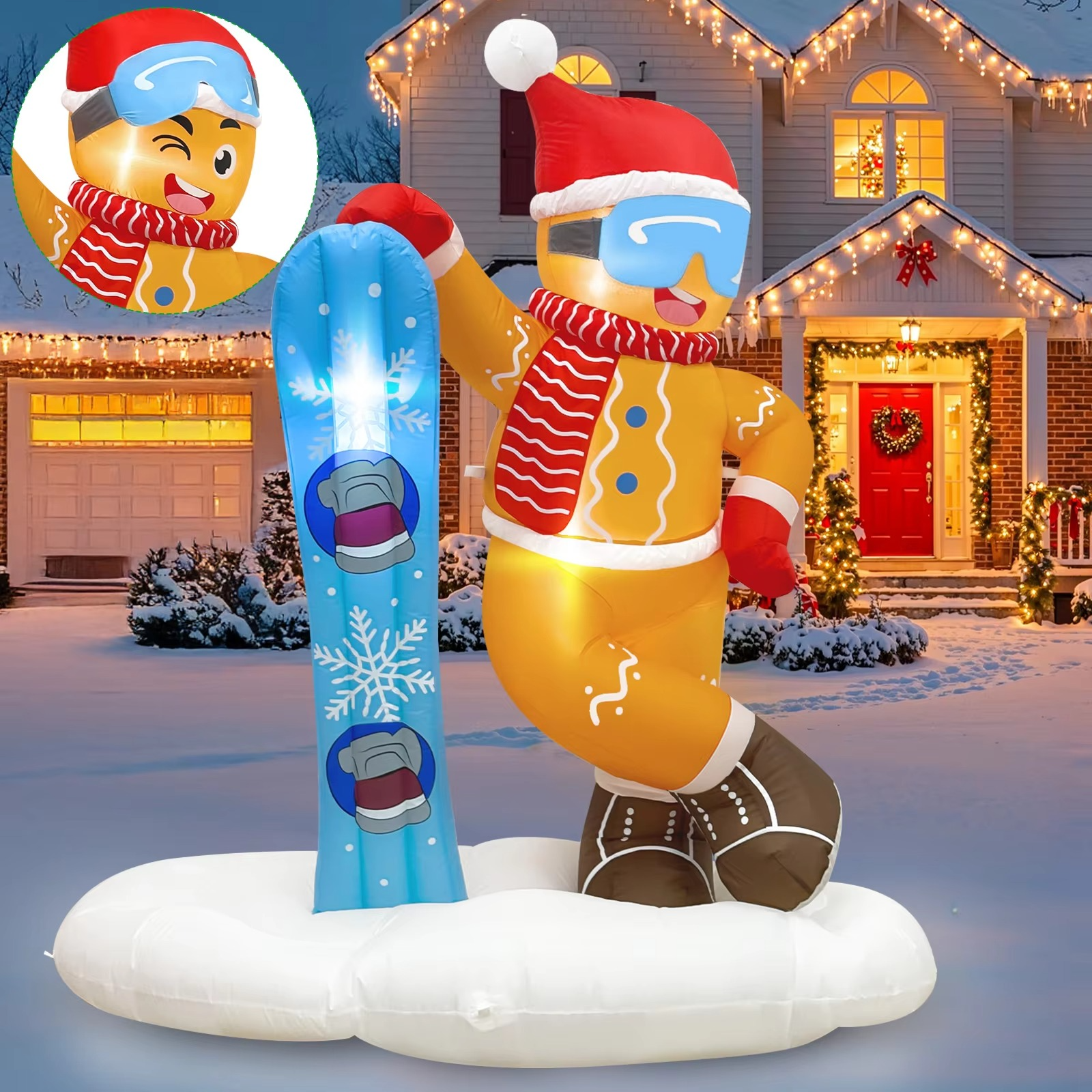 OurWarm 6FT Christmas Inflatable Outdoor Decoration, Cute Skiing Gingerbread Man, for Xmas Outdoor Indoor Lawn Party Decor