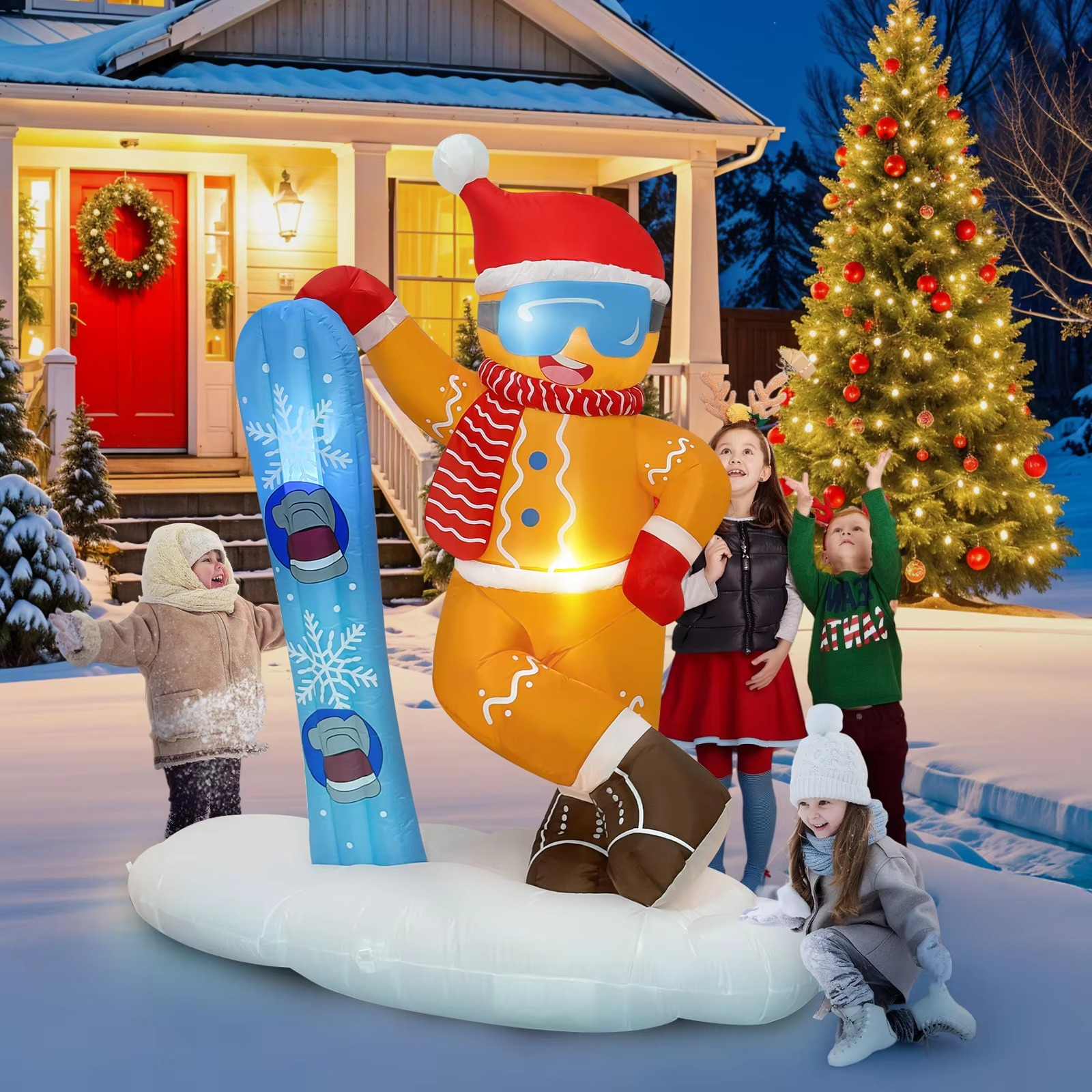OurWarm 6FT Christmas Inflatable Outdoor Decoration, Cute Skiing Gingerbread Man, for Xmas Outdoor Indoor Lawn Party Decor