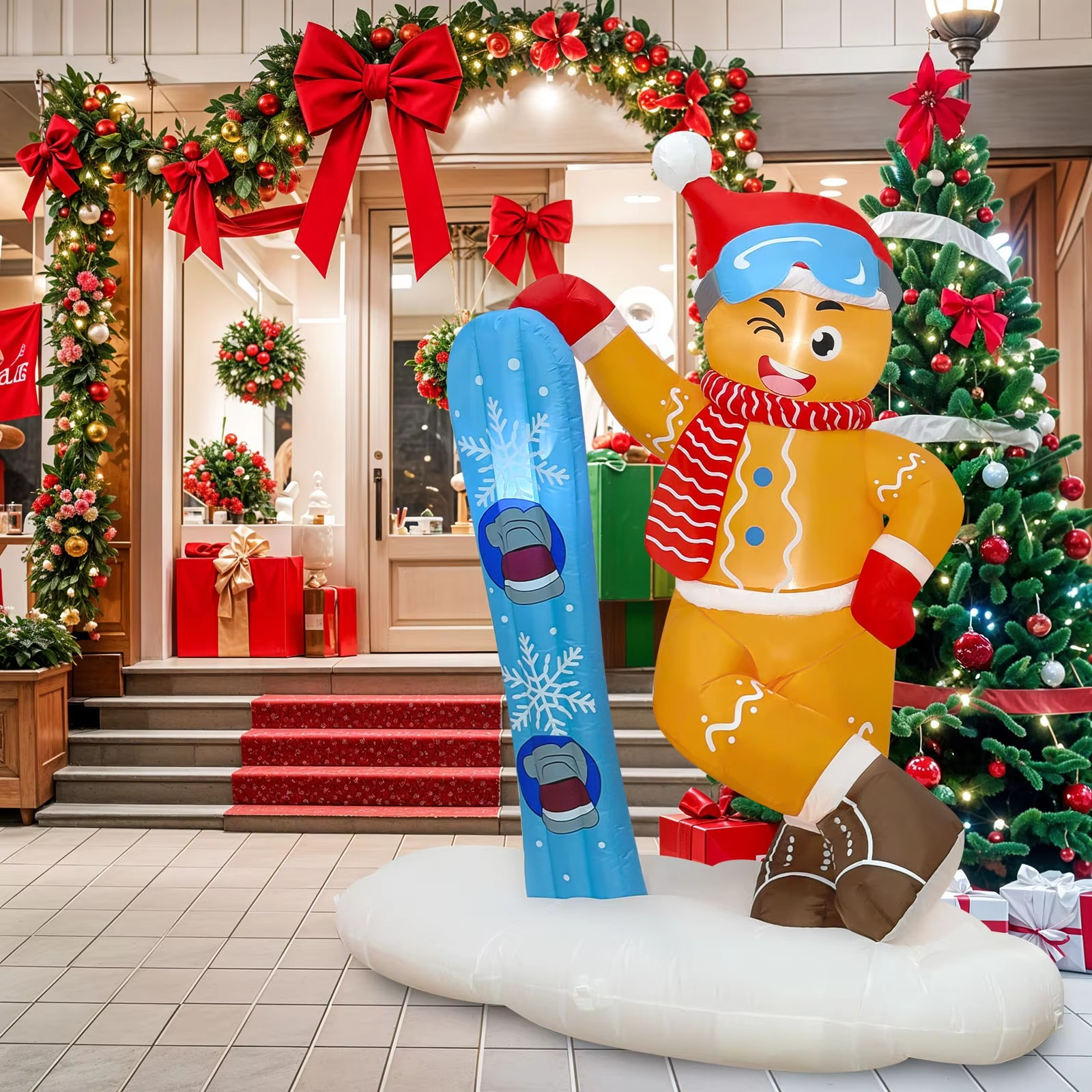 OurWarm 6FT Christmas Inflatable Outdoor Decoration, Cute Skiing Gingerbread Man, for Xmas Outdoor Indoor Lawn Party Decor