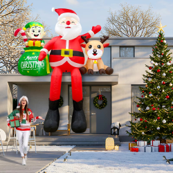 OurWarm 8FT Christmas Inflatable Outdoor Decorations,Sitting Santa Claus with Elves & Reindeer,for Holiday Party Garden Yard