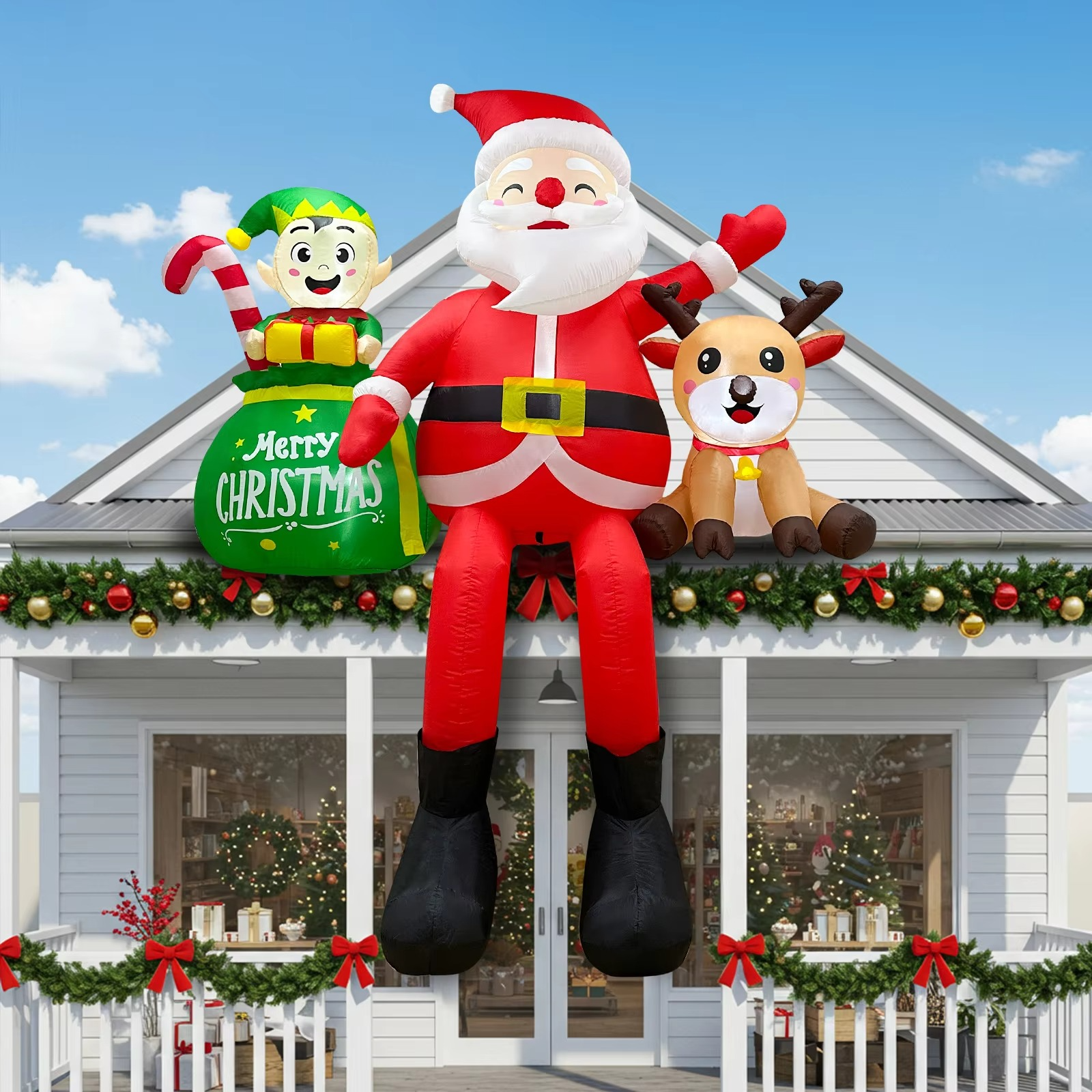 OurWarm 8FT Christmas Inflatable Outdoor Decorations,Sitting Santa Claus with Elves & Reindeer,for Holiday Party Garden Yard