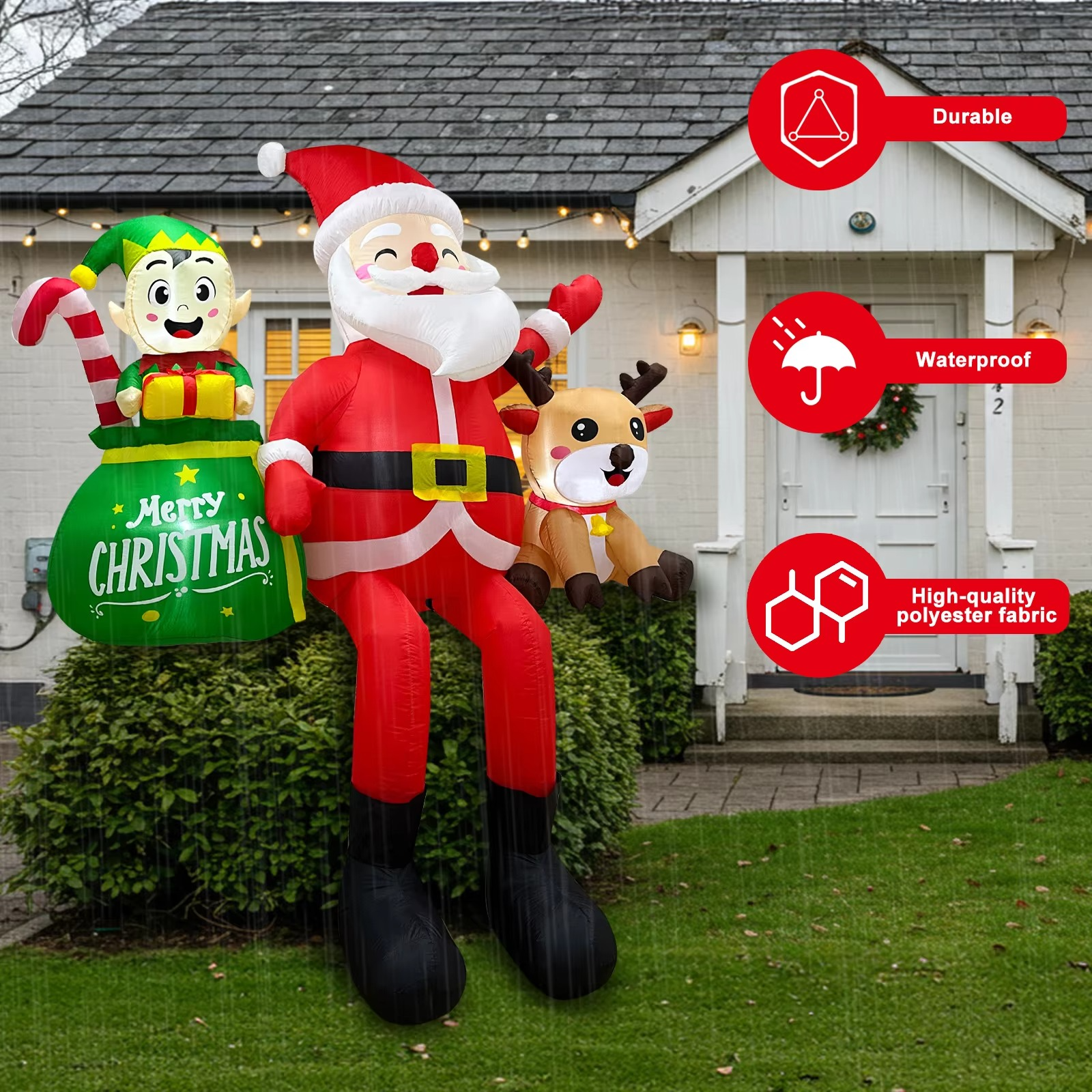OurWarm 8FT Christmas Inflatable Outdoor Decorations,Sitting Santa Claus with Elves & Reindeer,for Holiday Party Garden Yard