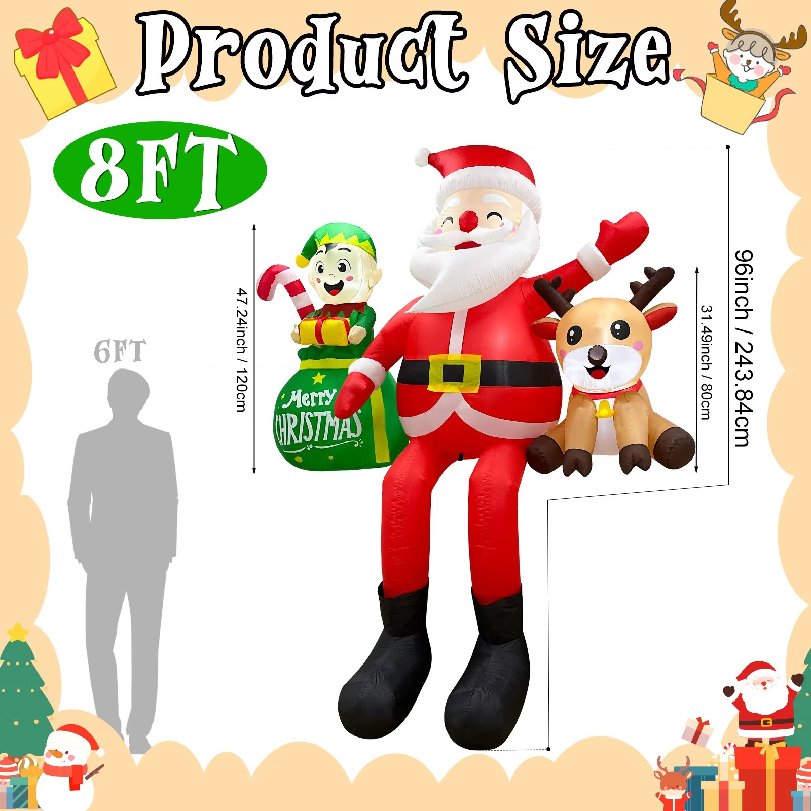 OurWarm 8FT Christmas Inflatable Outdoor Decorations,Sitting Santa Claus with Elves & Reindeer,for Holiday Party Garden Yard