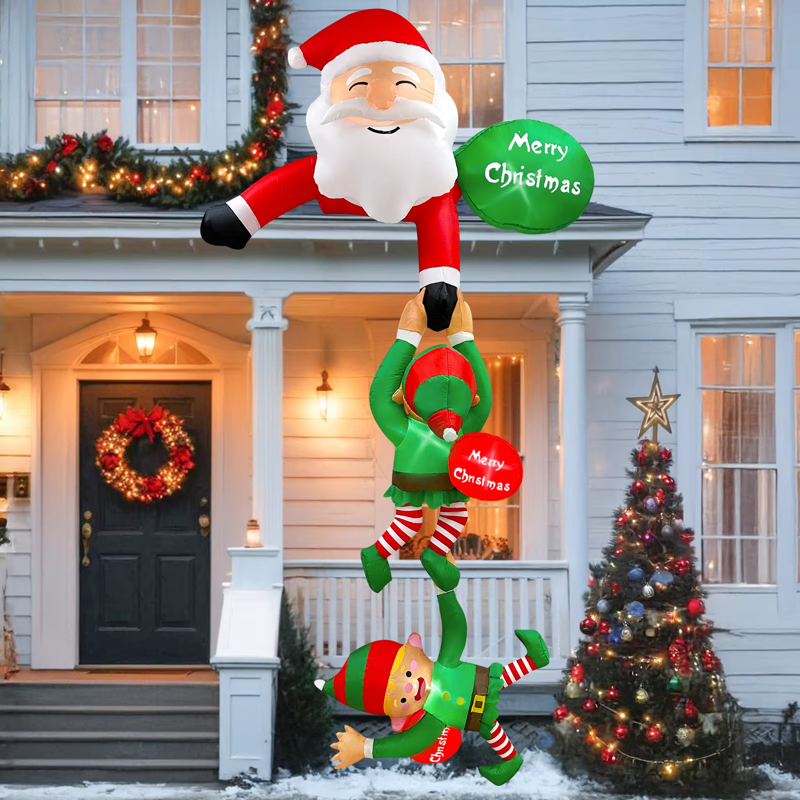 8 FT Hanging Christmas Inflatables Decoration, Christmas Inflatable Climbing Santa with Falling Elf for Yard Garden Lawn Decor