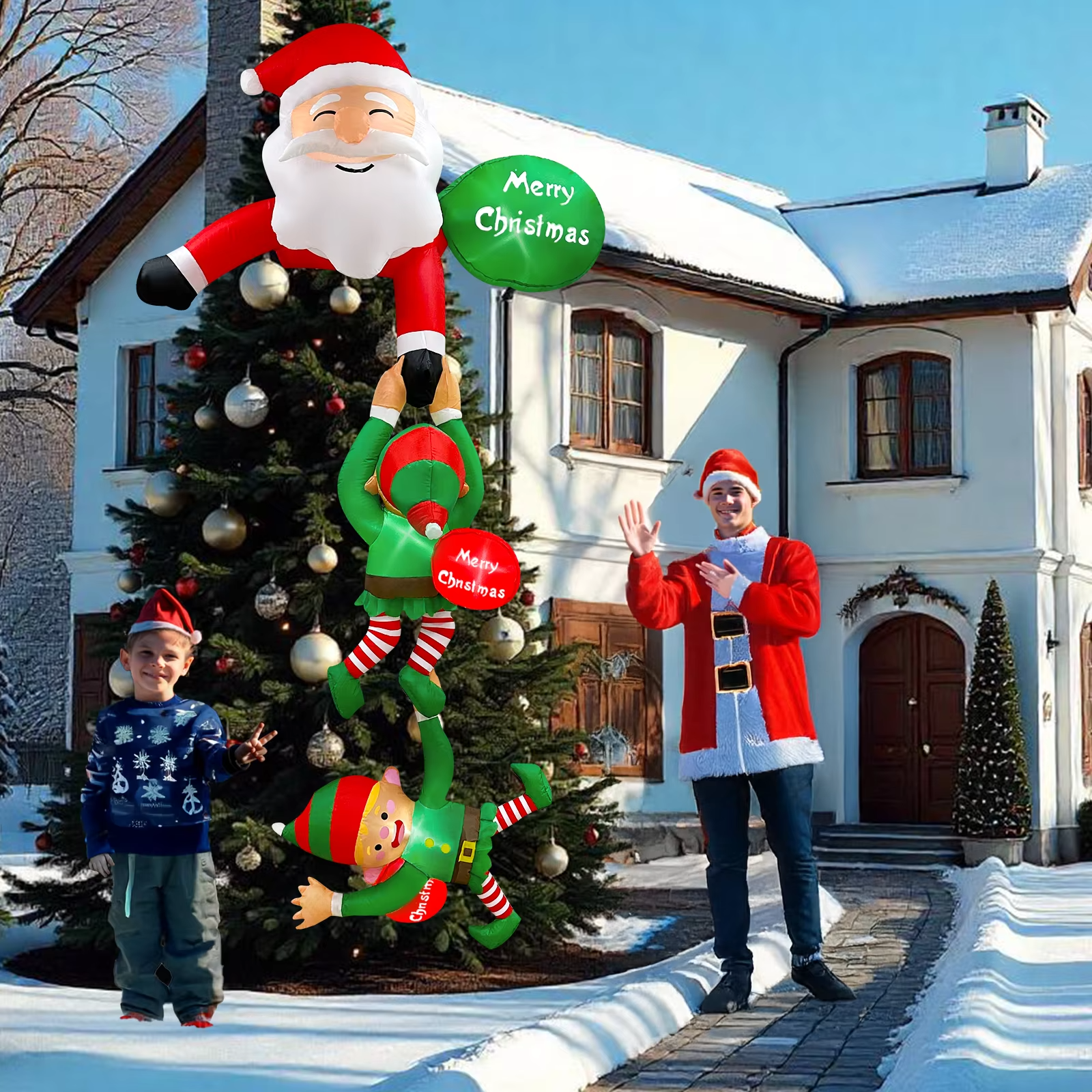 8 FT Hanging Christmas Inflatables Decoration, Christmas Inflatable Climbing Santa with Falling Elf for Yard Garden Lawn Decor