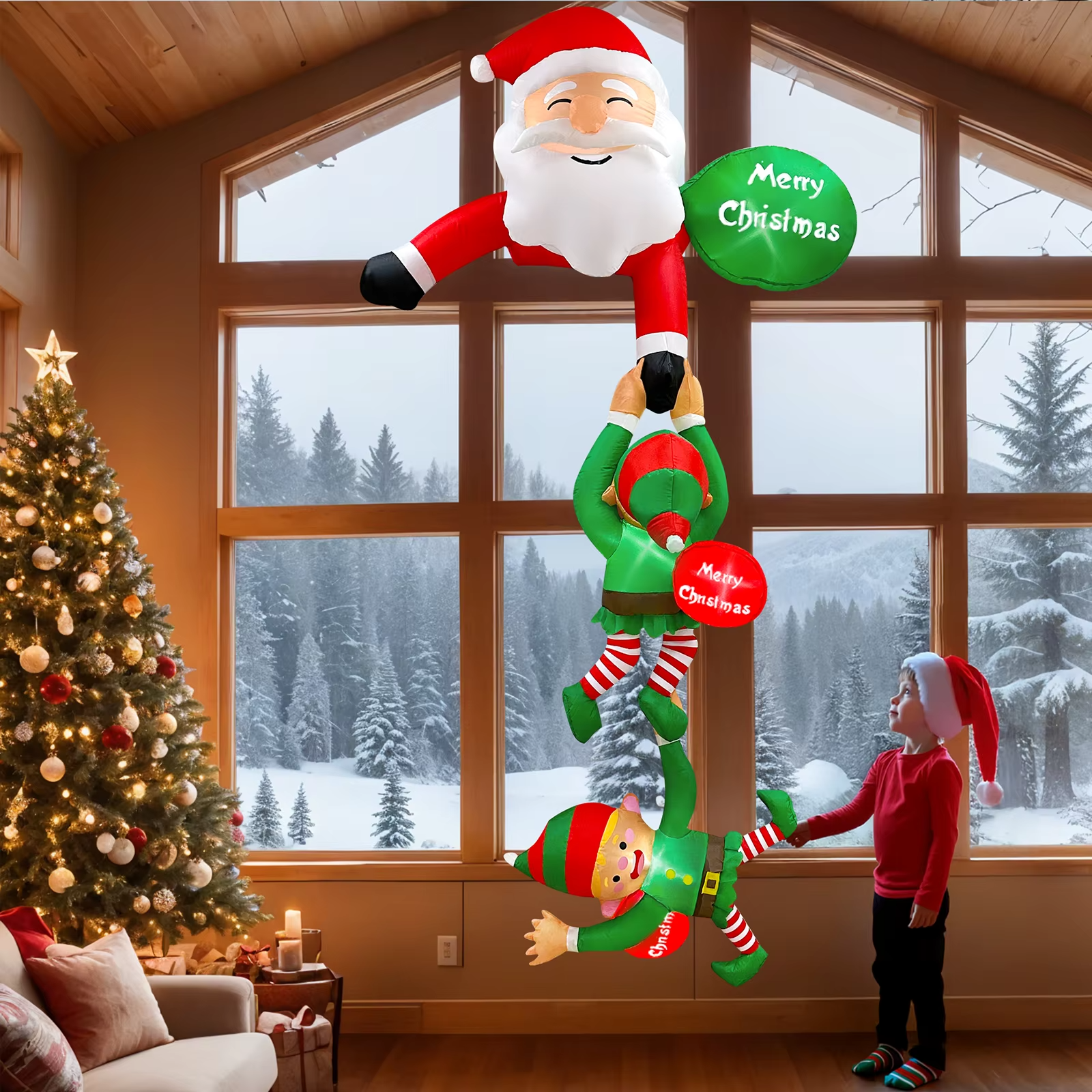8 FT Hanging Christmas Inflatables Decoration, Christmas Inflatable Climbing Santa with Falling Elf for Yard Garden Lawn Decor