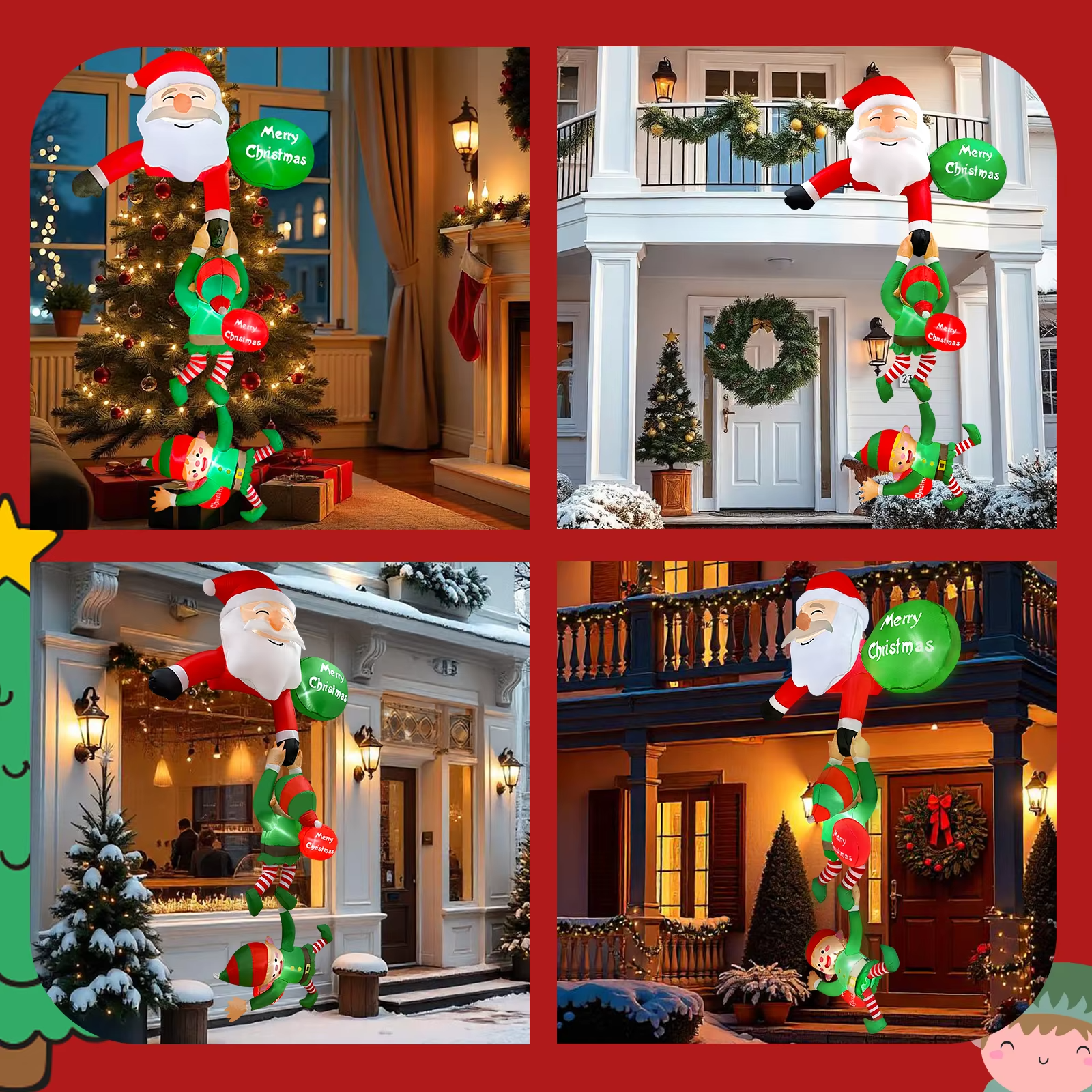 8 FT Hanging Christmas Inflatables Decoration, Christmas Inflatable Climbing Santa with Falling Elf for Yard Garden Lawn Decor