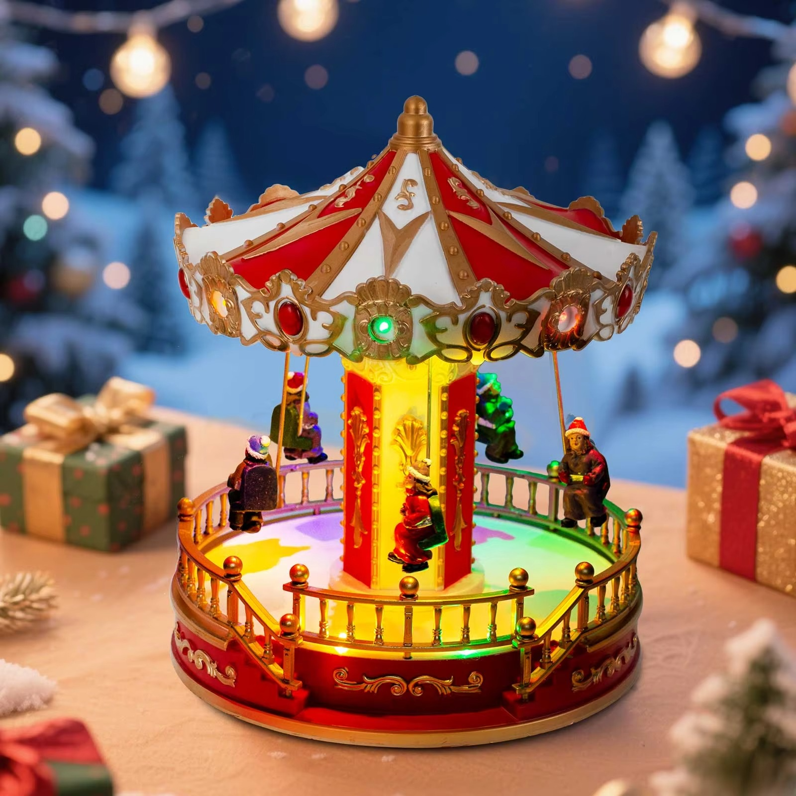 Animated Musical Christmas Carousel Pre-Lit Carnival Sky Swing Collection Village Accessory Indoor Fireplace Holiday Decoration