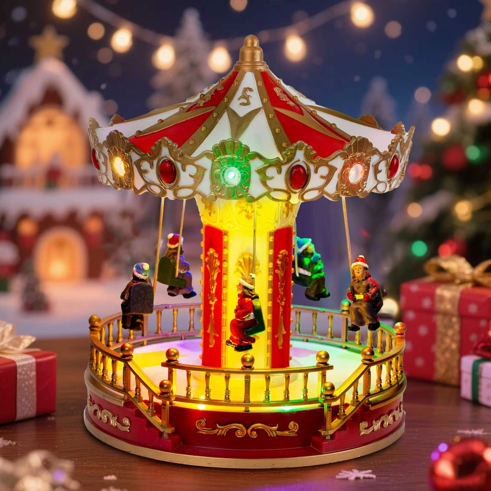 Animated Musical Christmas Carousel Pre-Lit Carnival Sky Swing Collection Village Accessory Indoor Fireplace Holiday Decoration