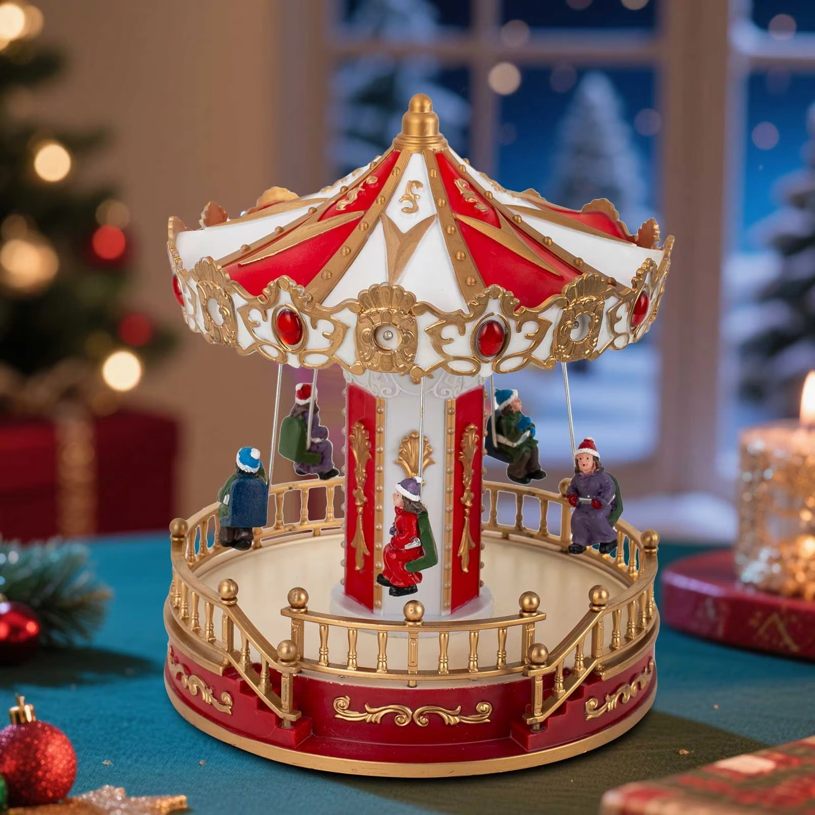Animated Musical Christmas Carousel Pre-Lit Carnival Sky Swing Collection Village Accessory Indoor Fireplace Holiday Decoration