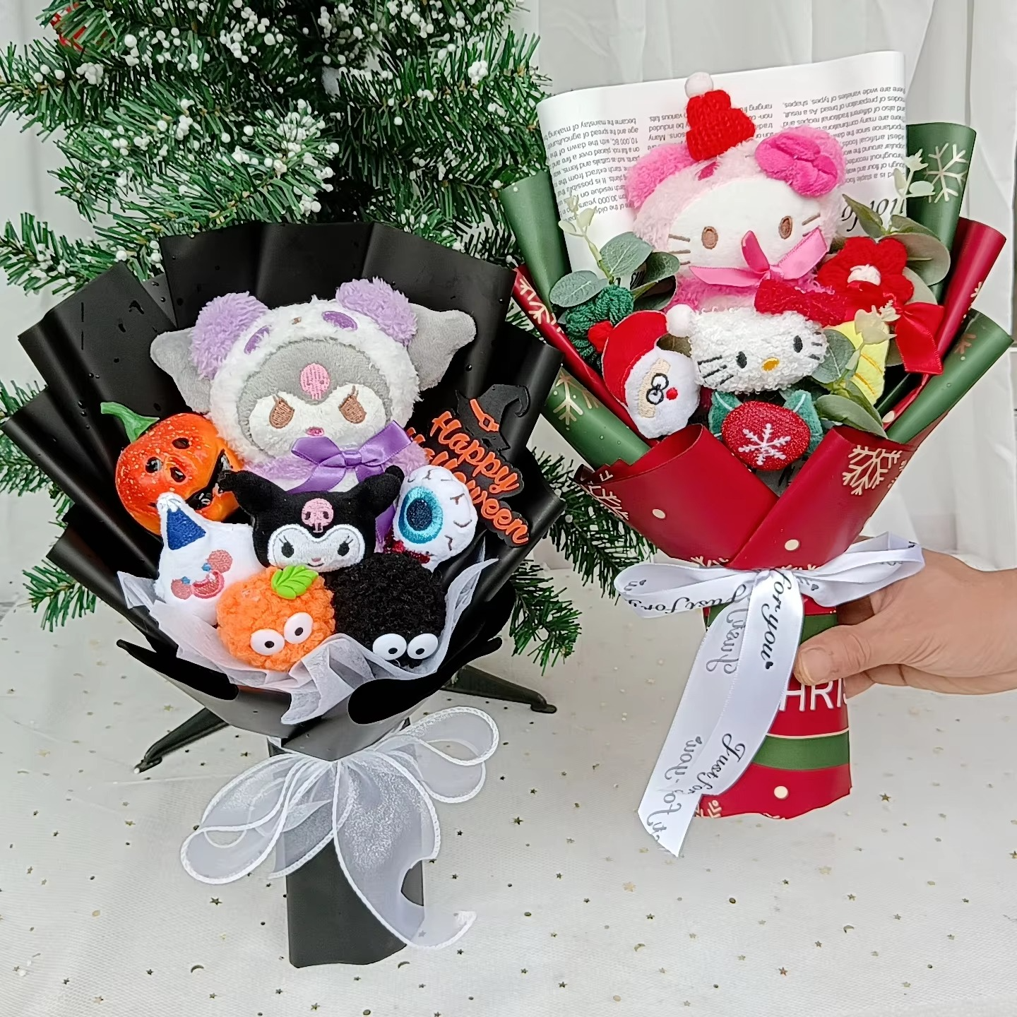 HallowmasHello Bouquet Kitty Plush Doll Christmas Kuromi Cinnamoroll Stuffed Plushies Valentine's Day Christmas Birthday Gifts