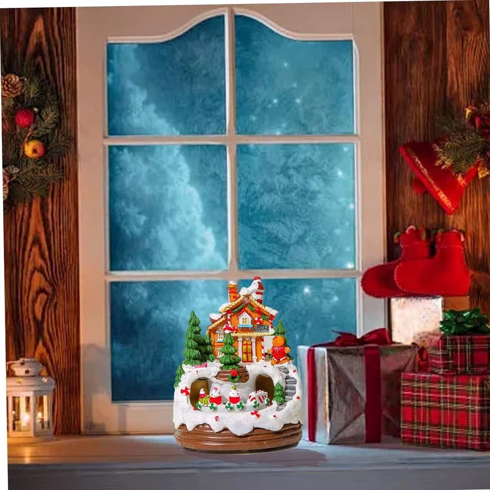 Illuminated Christmas Gingerbread Village House With Train LED Light Music Building Figurine Home Tabletop Decor Holiday Display