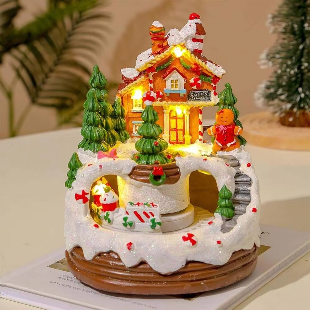 Illuminated Christmas Gingerbread Village House With Train LED Light Music Building Figurine Home Tabletop Decor Holiday Display