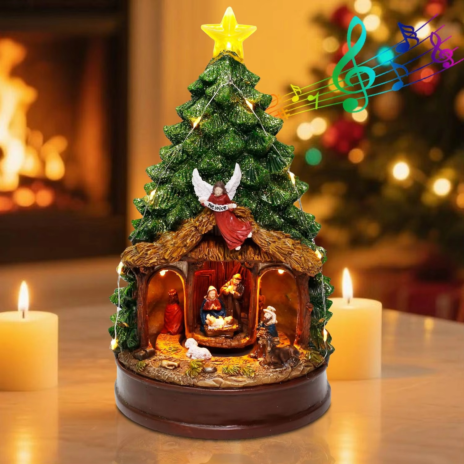Animated Lighted Nativity Scene Christmas Tree Topper with Star And Angel Collectible Building Figurines for Home Holiday Decor