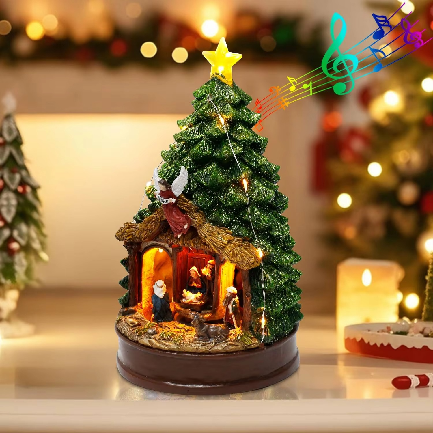 Animated Lighted Nativity Scene Christmas Tree Topper with Star And Angel Collectible Building Figurines for Home Holiday Decor